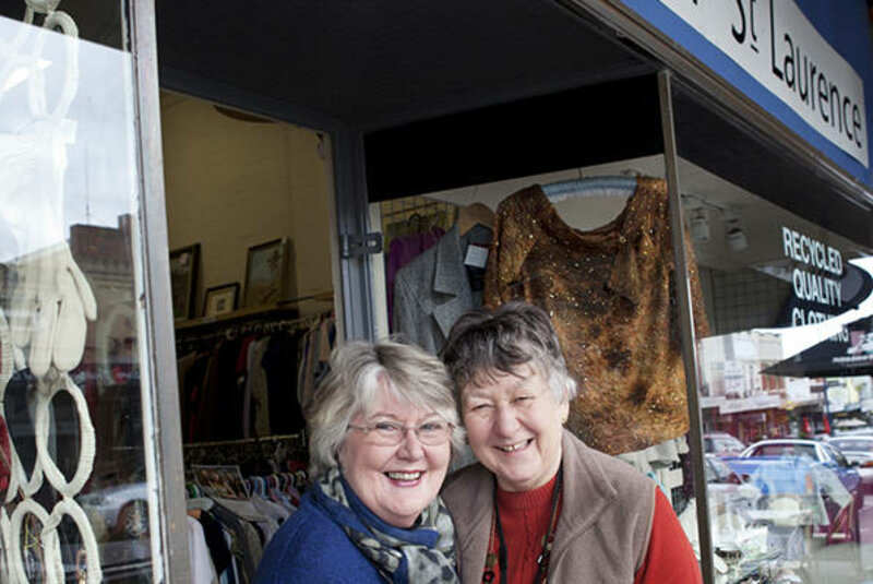 Image of two women volunteers at the front of the Brotherhood of St Laurence shop in Ivanhoe 